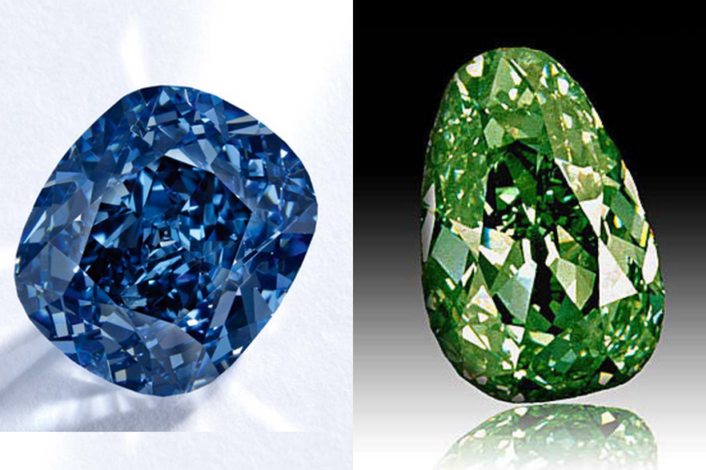 On the left, a blue diamonds and on the right a green diamonds.