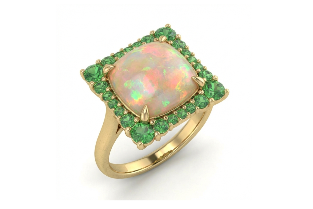 An anniversary ring designed by Valentina Leardi, featuring a 4.35ct square welo opal and 1.36ctw tsavorite garnets.
