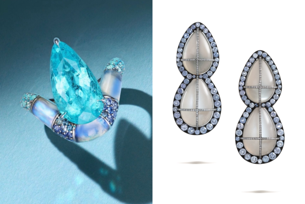 On the left a ring created by the designer Ysabel Sarah Narici, featuring a paraiba tourmaline and moonstone inlays. On the right a brooch set by Van Cleef and Arpel featuring pear cut cabochon moonstone and diamonds.