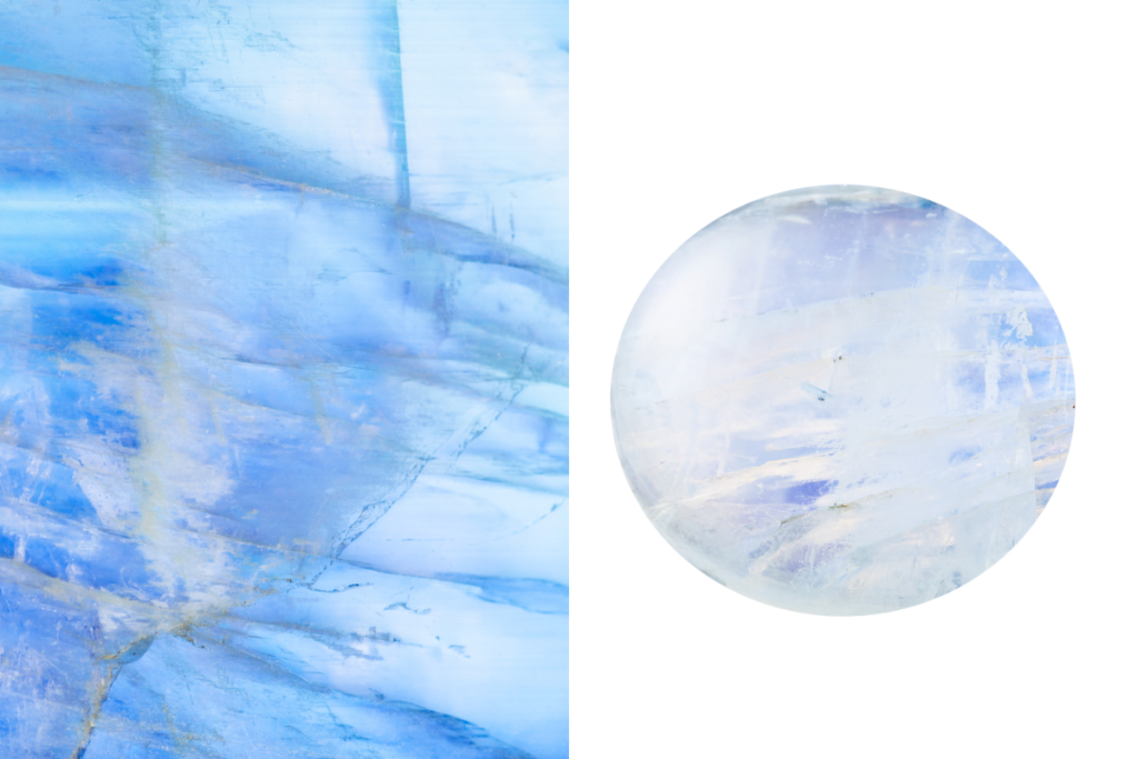 On the right a moonstone cabochon, on the left a macro shot showing the peculiarity of this beautiful stone.